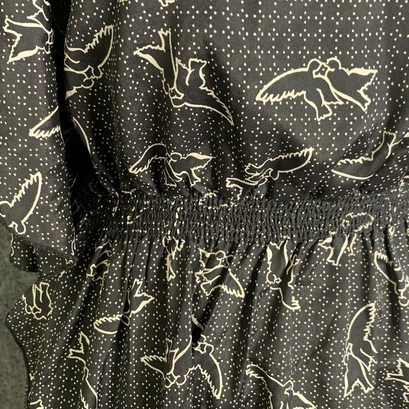 Everly Ruffled Sleeve Pullover Dress Black W/ Birds Short Light Wt Elastic Waist - Picture 4 of 12